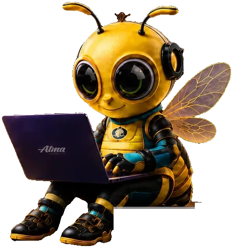 Mascote da Atma no notebook conectada a marketing digital, vendas e inteligência artificial