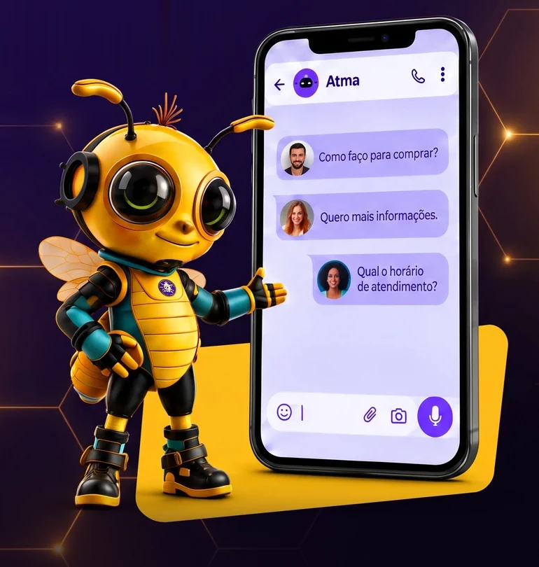 Mascote da Atma ao lado do celular com o Vendedor Digital