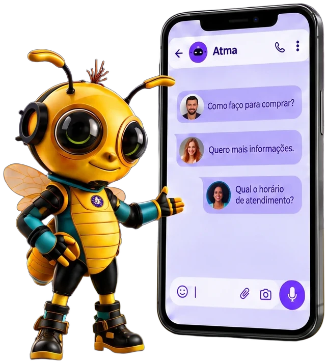 Mascote da Atma ao lado de um celular com o Vendedor Digital atendendo clientes no WhatsApp